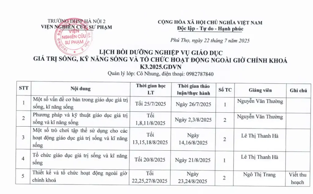 Lịch khai giảng khoá học kỹ năng sống